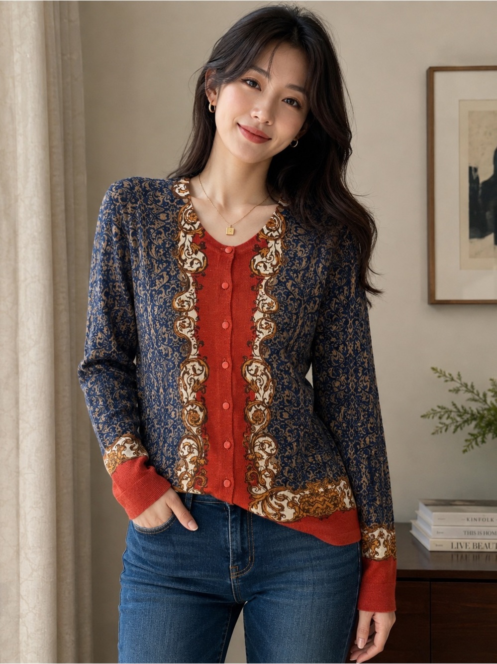 Lord & Taylor 100% Merino Wool Paisley Baroque Cardigan Size L